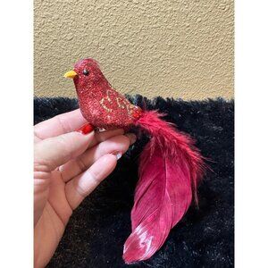 Vintage Red Glitter Bird Ornament Clip-On With Feathers & Decorative Detailing